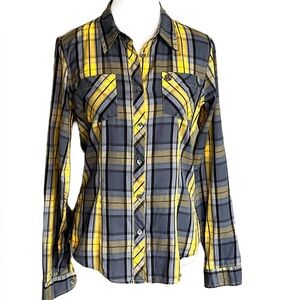 OBEY Lightweight Breathable Cotton Button Up Shirt Sz M Yellow Grey Western Boho